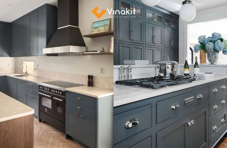 Tủ bếp xanh lam ghi với tone ghi đậm