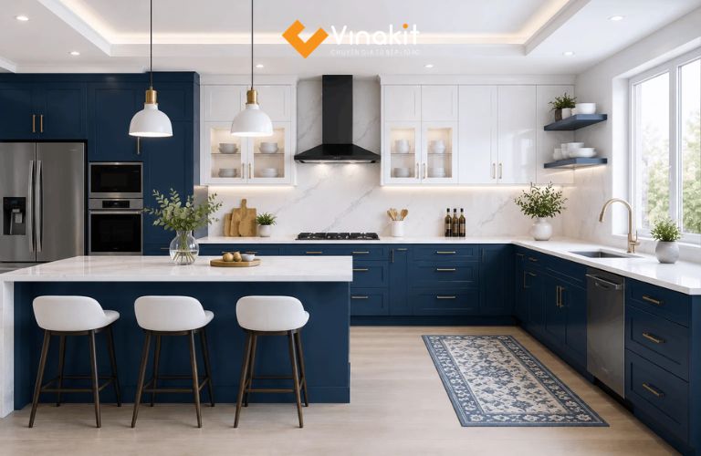 Bếp rộng nên chọn xanh lam trung bình đến đậm