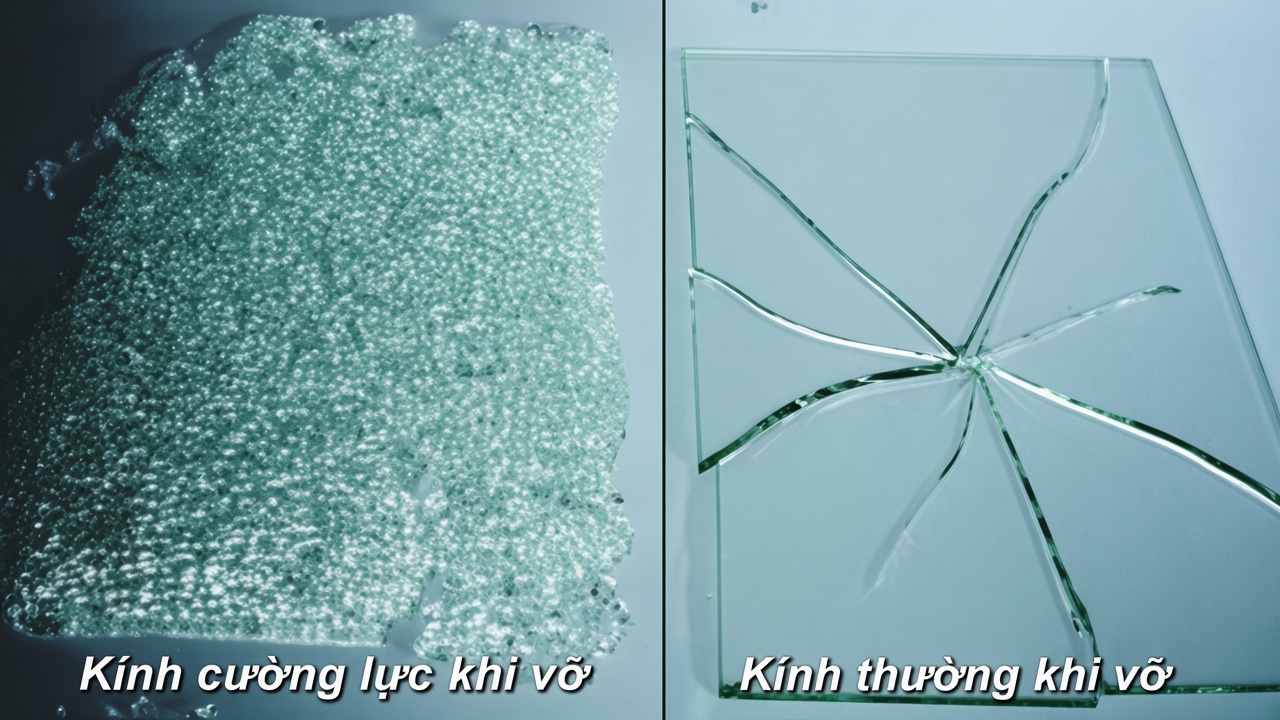 Tủ bếp cánh kính cường lực đảm bảo an toàn khi vỡ