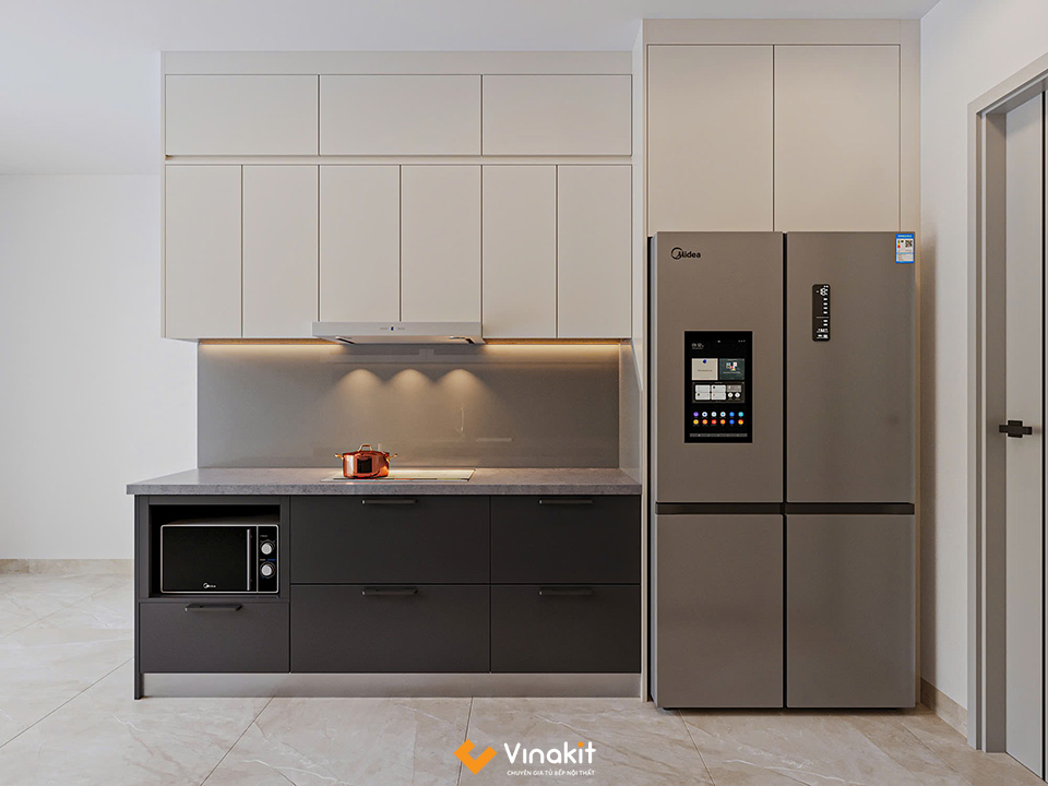 Tủ bếp inox cánh gỗ công nghiệp