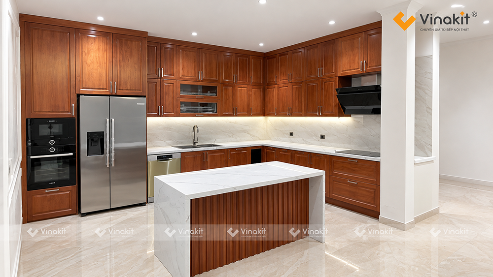 Tủ bếp inox cánh gỗ tự nhiên